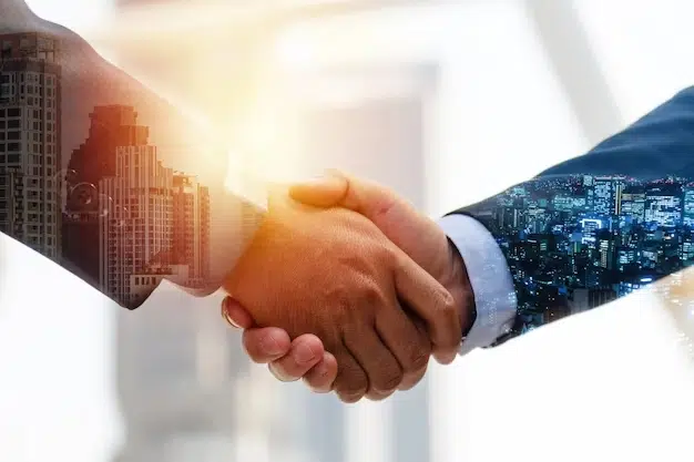 investor double exposure image investor business man handshake with partner successful meeting deal